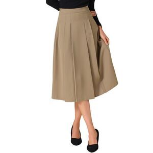 Women's High Waist Fall Work Office A-Line Pleated Midi Skirt